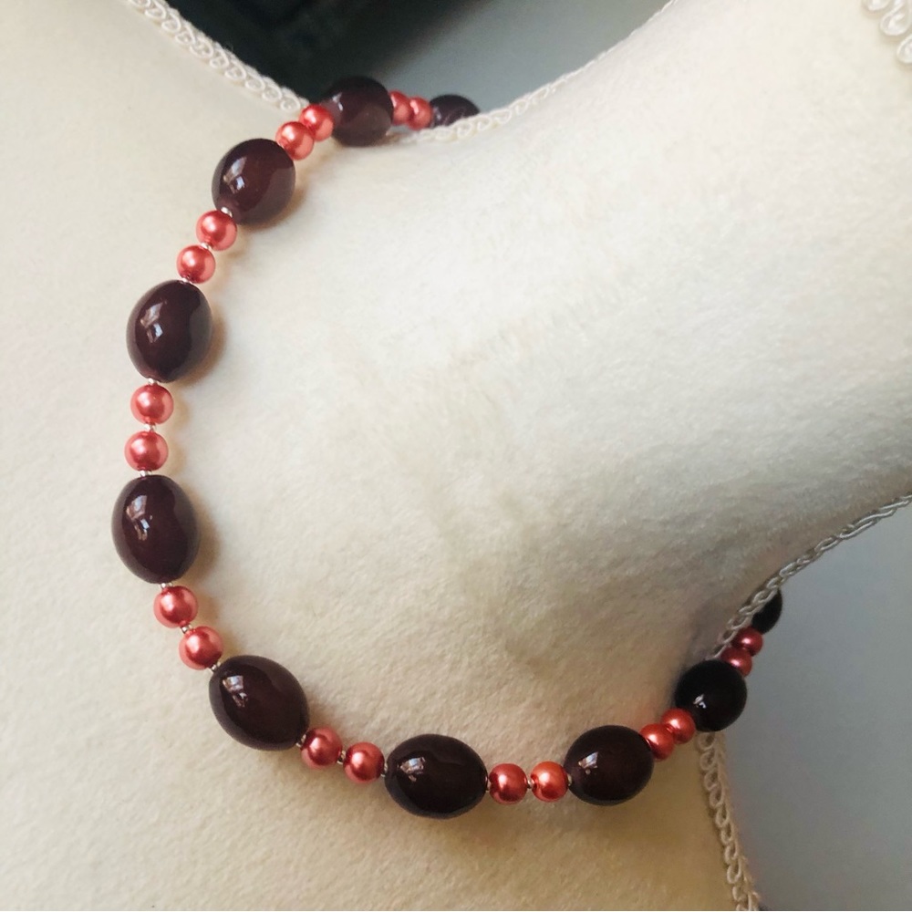 Handcrafted repurpose barrel almandine garnet Czech glass Pearl necklace